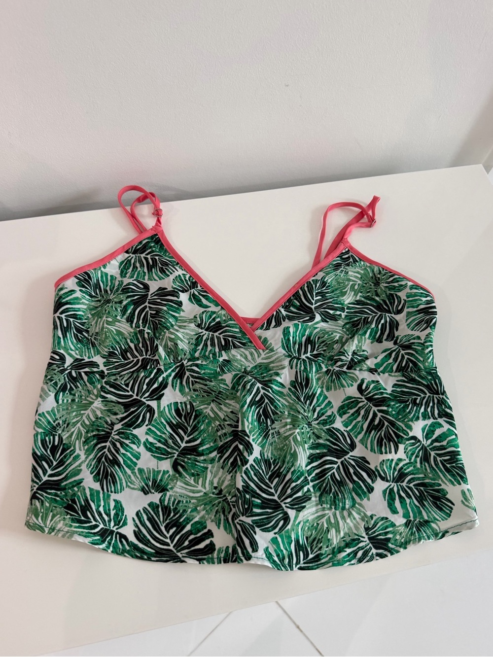 Green Tropical Leaf Cami with Pink Trim